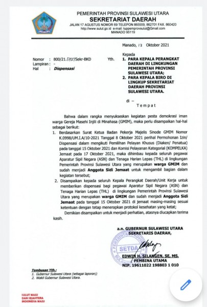 Surat edaran yang dikeluarkan Gubernur Sulut Olly Dondokambey. (Foto.ist)
