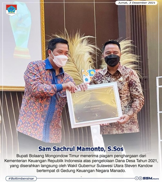 Bupati Boltim menerima penghargaan DIPA dan Daftar alokasi TKDD serta Dana Desa tahun anggaran 2022, yang diserahkan langsung oleh Wakil Gubernur Sulawesi Utara Steven Kandow.